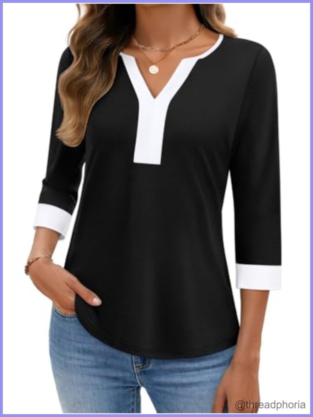 Womens 3/4 Length Sleeve V Neck Tunic Top Dressy Casual Blouse for Work